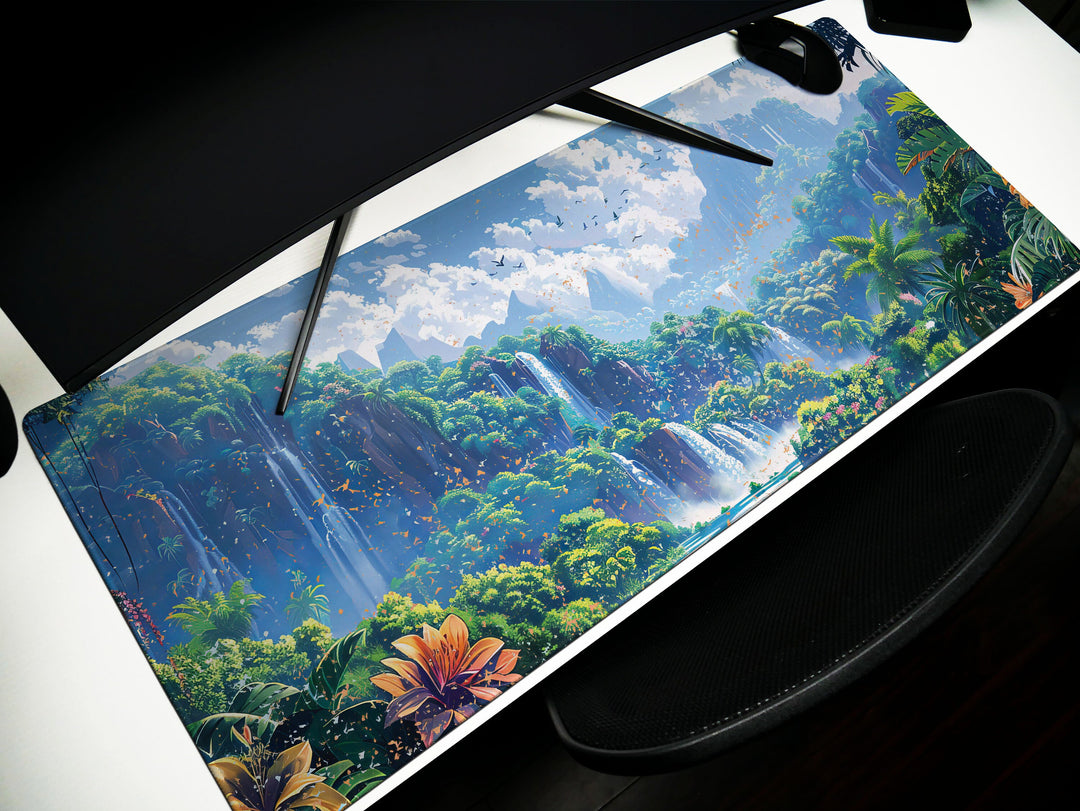 Paradise Falls Design 1, Desk Pad, Wide Mouse Pad, Lush Rainforest Scene, Cascading Waterfalls, Exotic Blooms