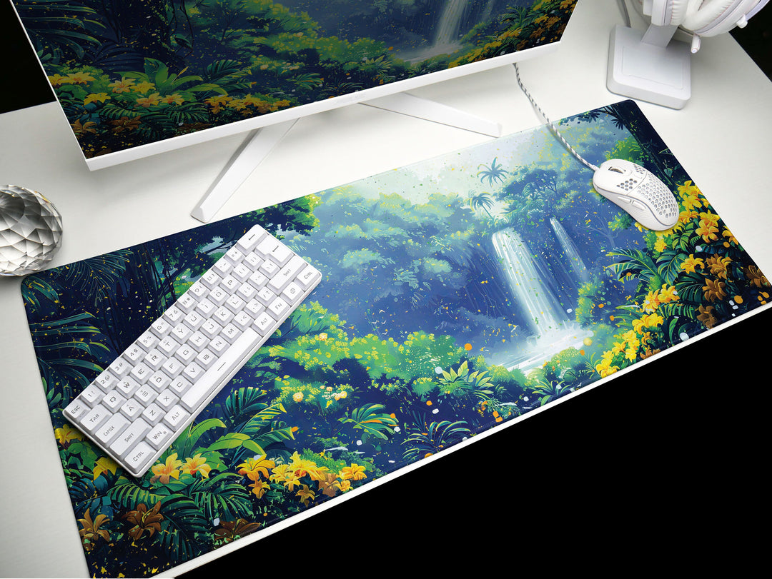 Paradise Falls Design 2, Desk Pad, Wide Mouse Pad, Enchanted Jungle Vista, Luminous Waterfall, Golden Blooms