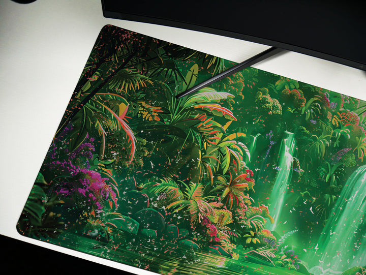 Paradise Falls Design 4, Desk Pad, Wide Mouse Pad, Radiant Jungle Falls, Emerald Glow, Blossom Spectacle