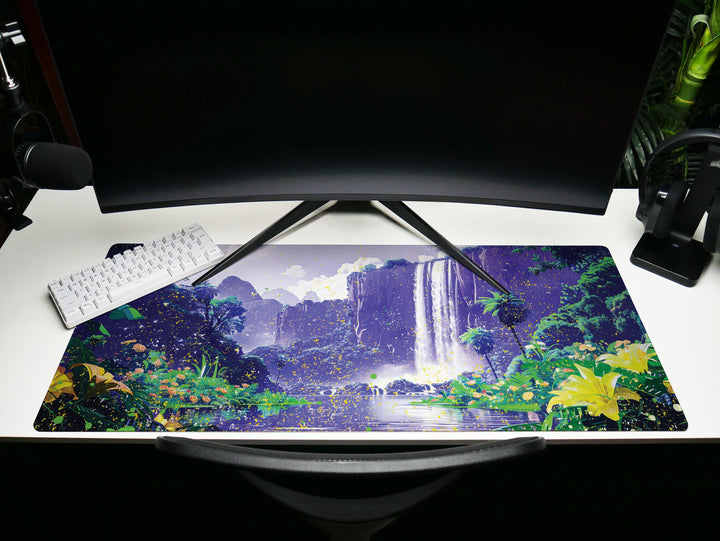 Paradise Falls Design 6, Desk Pad, Wide Mouse Pad, Majestic Falls Canopy, Twilight Bloom, Exotic Retreat