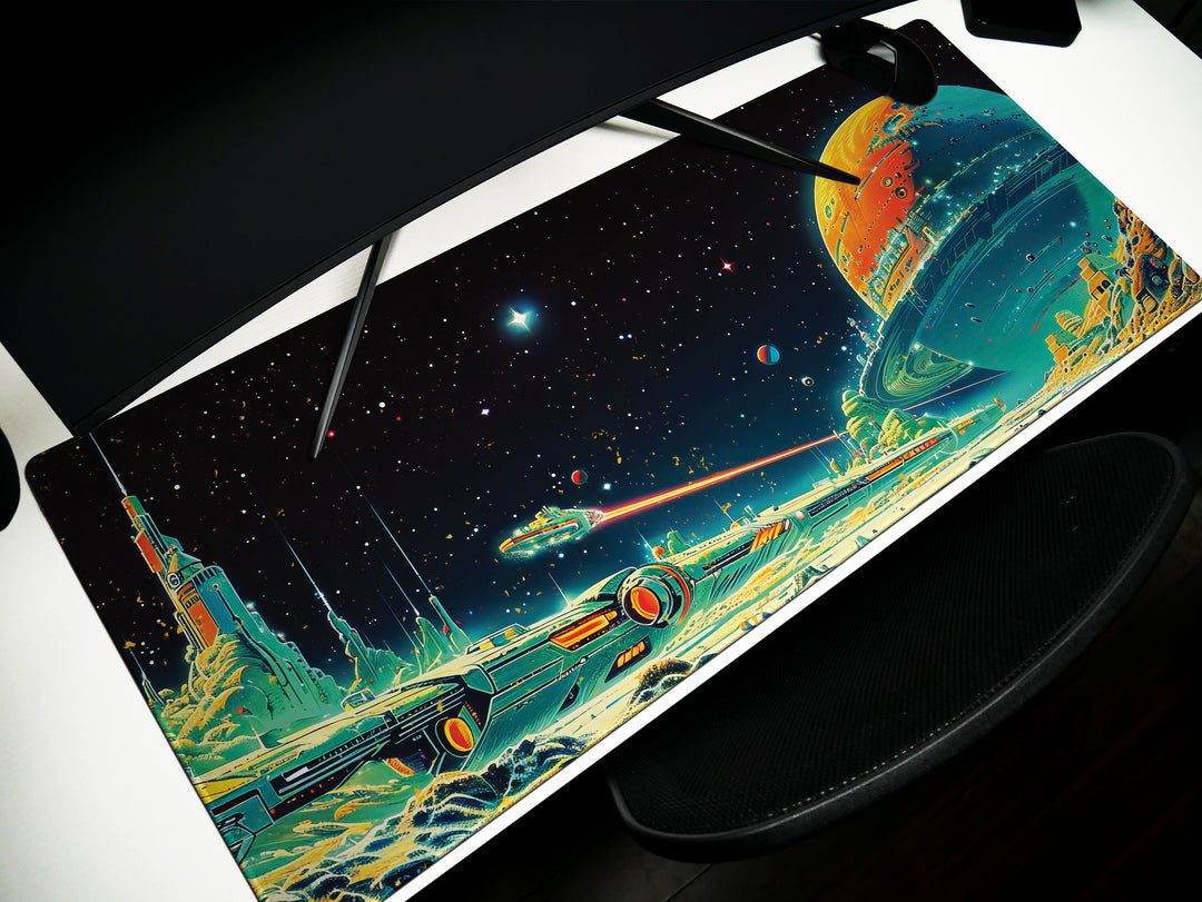 Astral Vantage Design 2, Desk Pad, Mouse Pad, Desk Mat, Starlit Spaceport, Cosmic Adventure