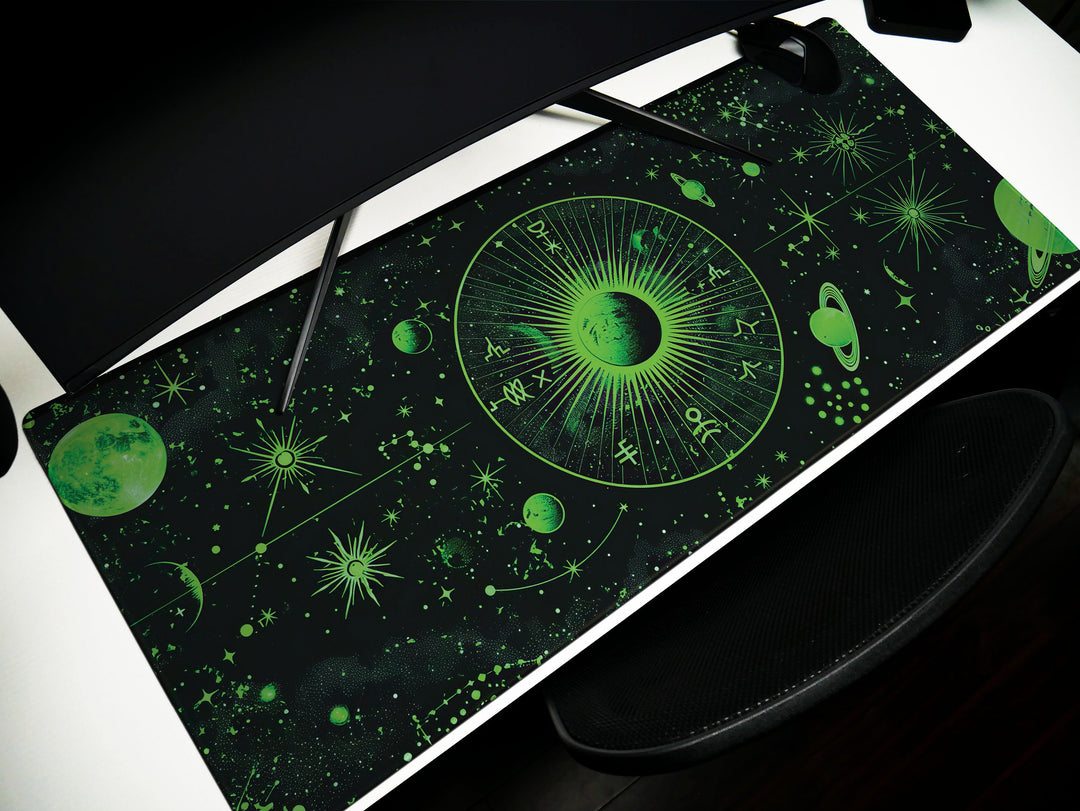 Cosmic Cartography Design 2, Desk Pad, Mouse Pad, Desk Mat, Luminous Astrology, Galactic Green