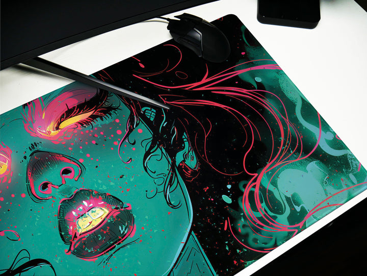 Cosmic Rapture Design 1, Desk Pad, Mouse Pad, Desk Mat, Surreal Artistry, Electric Hues, Artistic Enigma