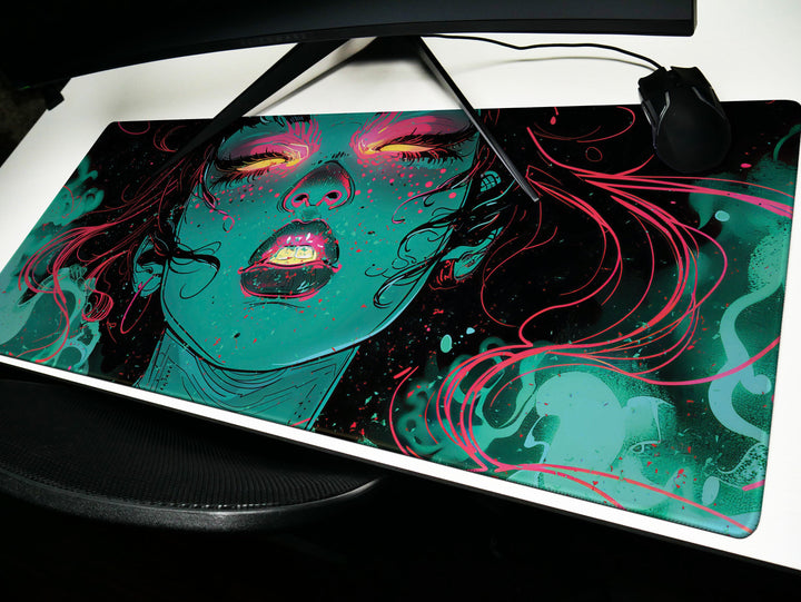 Cosmic Rapture Design 1, Desk Pad, Mouse Pad, Desk Mat, Surreal Artistry, Electric Hues, Artistic Enigma