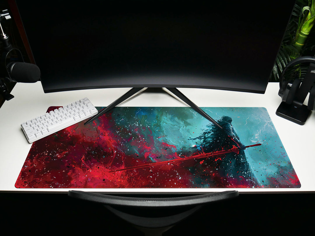 Dark Slayer Design 1, Desk Pad, Warrior Silhouette, Intense Battle Scene, Artistic Mouse Mat