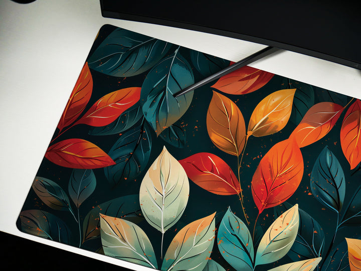 Autumnal Elegance, Desk Pad, Lush Foliage Pattern, Vivid Fall Colors, Office Decor, Artistic Desk Accessory