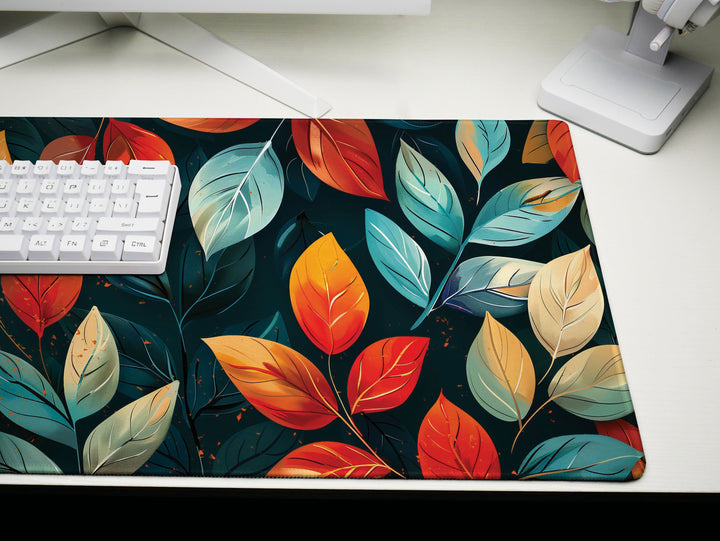 Autumnal Elegance, Desk Pad, Lush Foliage Pattern, Vivid Fall Colors, Office Decor, Artistic Desk Accessory