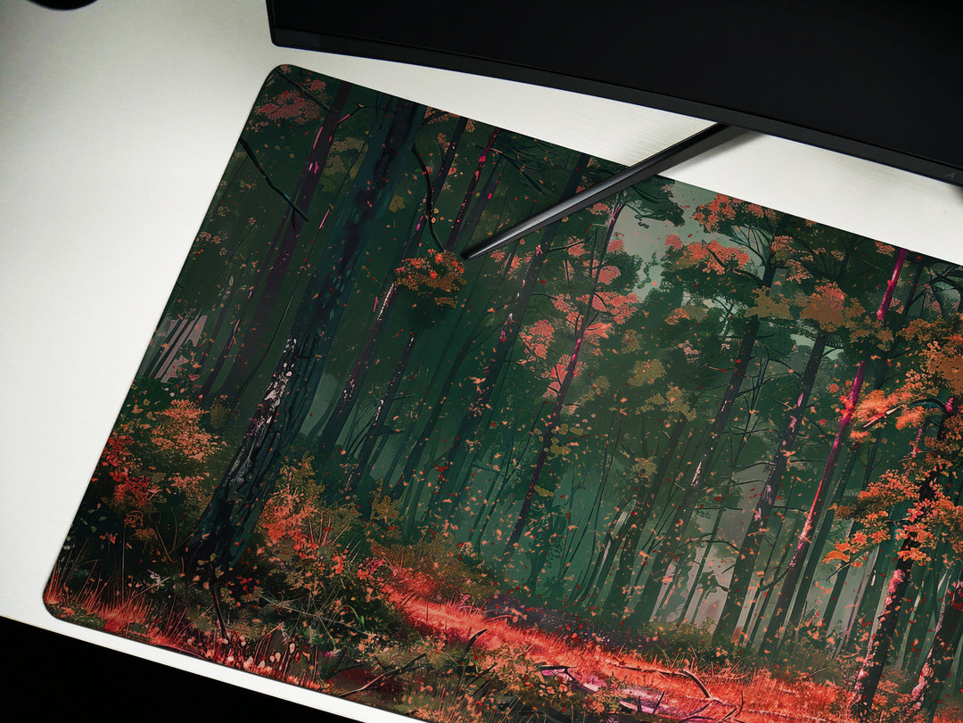 Whispering Woods, Desk Pad, Autumnal Forest Glow, Peaceful Office Nook, Artistic Desk Mat