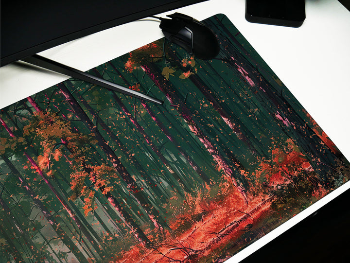 Whispering Woods, Desk Pad, Autumnal Forest Glow, Peaceful Office Nook, Artistic Desk Mat