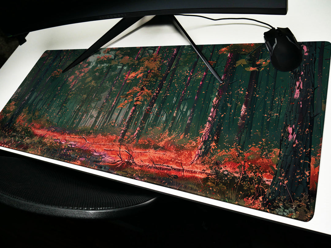 Whispering Woods, Desk Pad, Autumnal Forest Glow, Peaceful Office Nook, Artistic Desk Mat