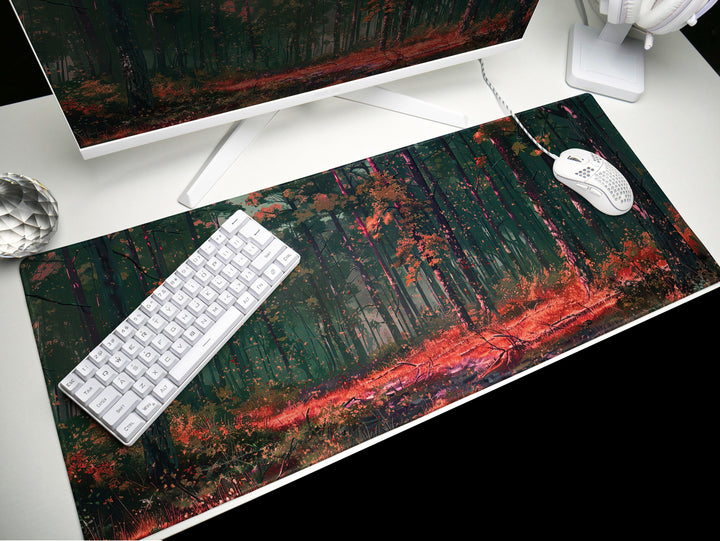 Whispering Woods, Desk Pad, Autumnal Forest Glow, Peaceful Office Nook, Artistic Desk Mat