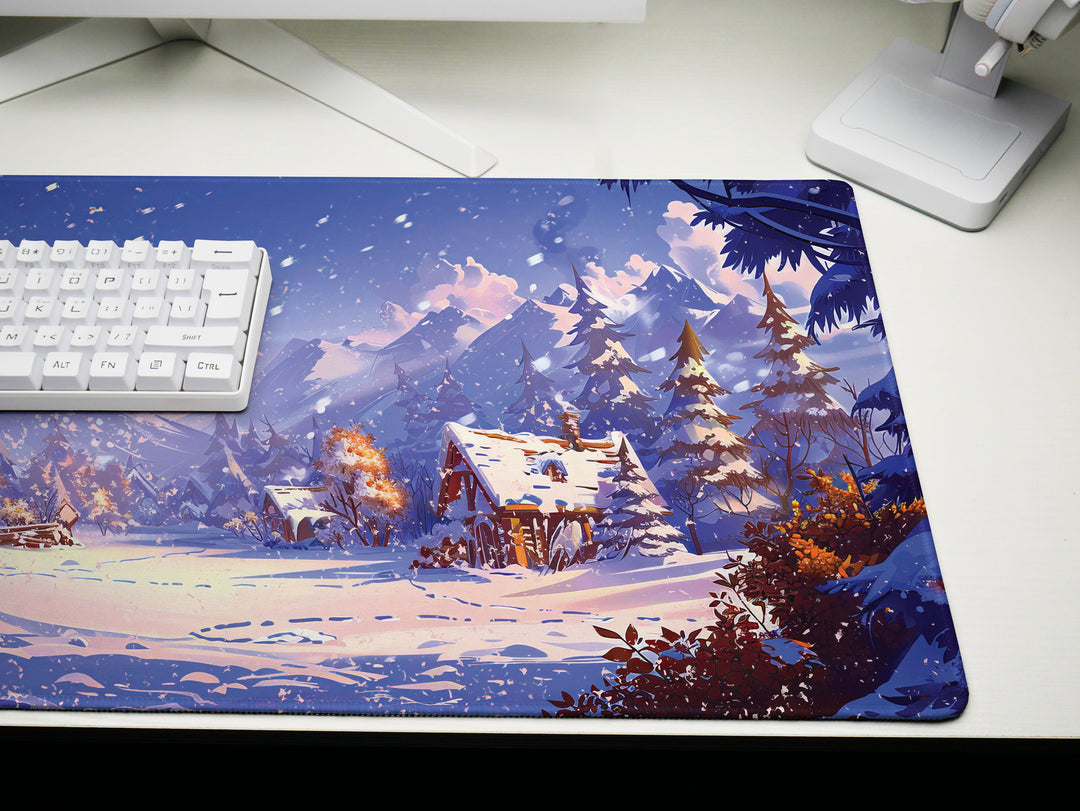 Alpine Glow, Desk Pad, Mouse Pad, Desk Mat, Majestic Mountains, Winter Serenity, Cozy Cabin Retreat