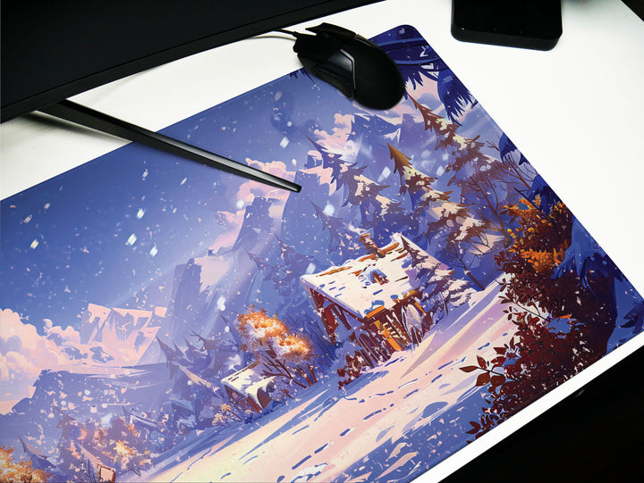 Alpine Glow, Desk Pad, Mouse Pad, Desk Mat, Majestic Mountains, Winter Serenity, Cozy Cabin Retreat