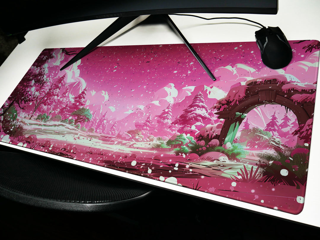 Crimson Fantasy, Desk Pad, Mouse Pad, Desk Mat, Magical Winter Arch, Snowy Wonderland, Dreamy Escape