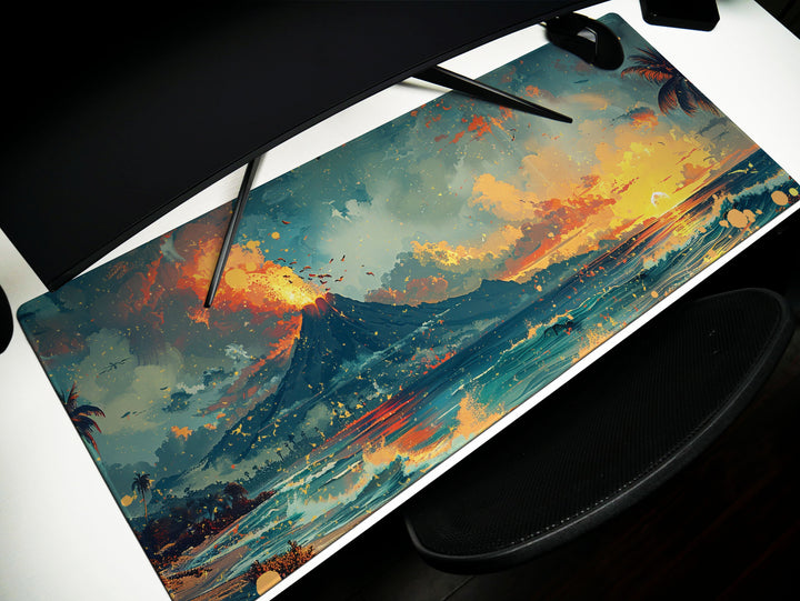 Lava Lagoon, Desk Pad, Mouse Pad, Desk Mat, Fiery Sundown, Tropical Silhouettes, Dynamic Seascape