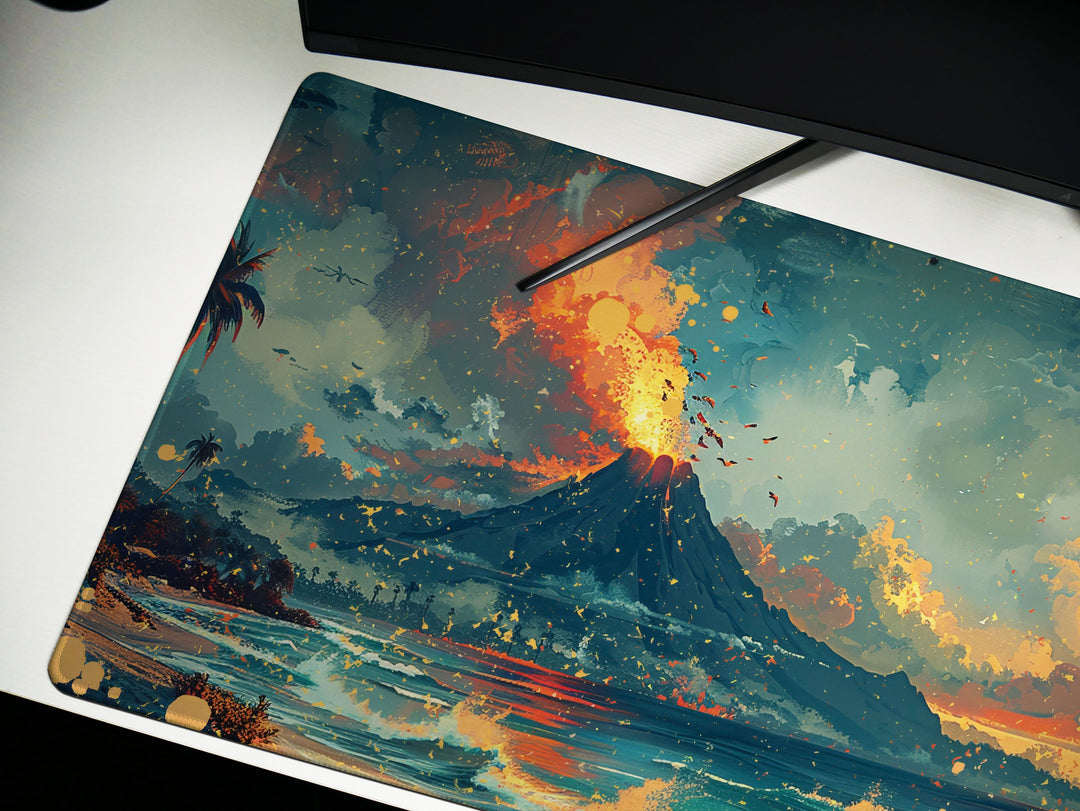 Lava Lagoon, Desk Pad, Mouse Pad, Desk Mat, Fiery Sundown, Tropical Silhouettes, Dynamic Seascape