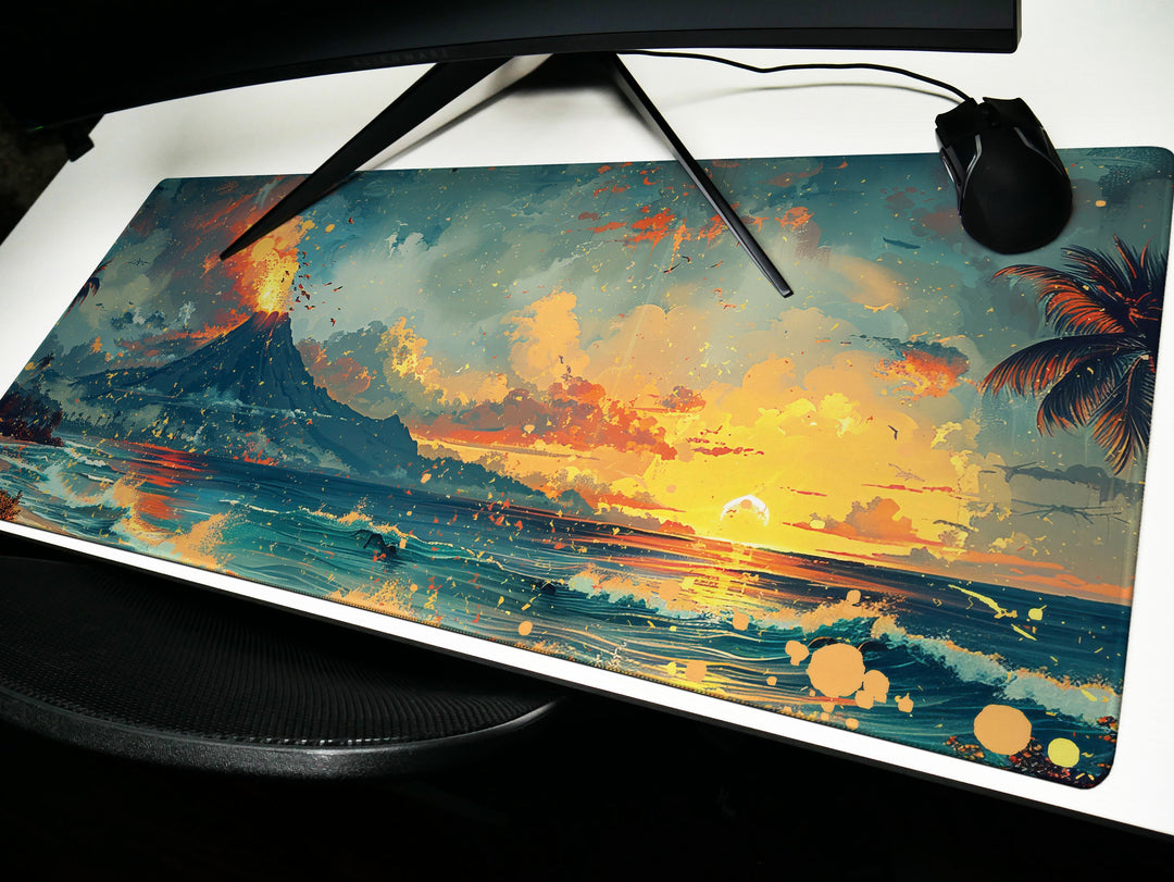 Lava Lagoon, Desk Pad, Mouse Pad, Desk Mat, Fiery Sundown, Tropical Silhouettes, Dynamic Seascape