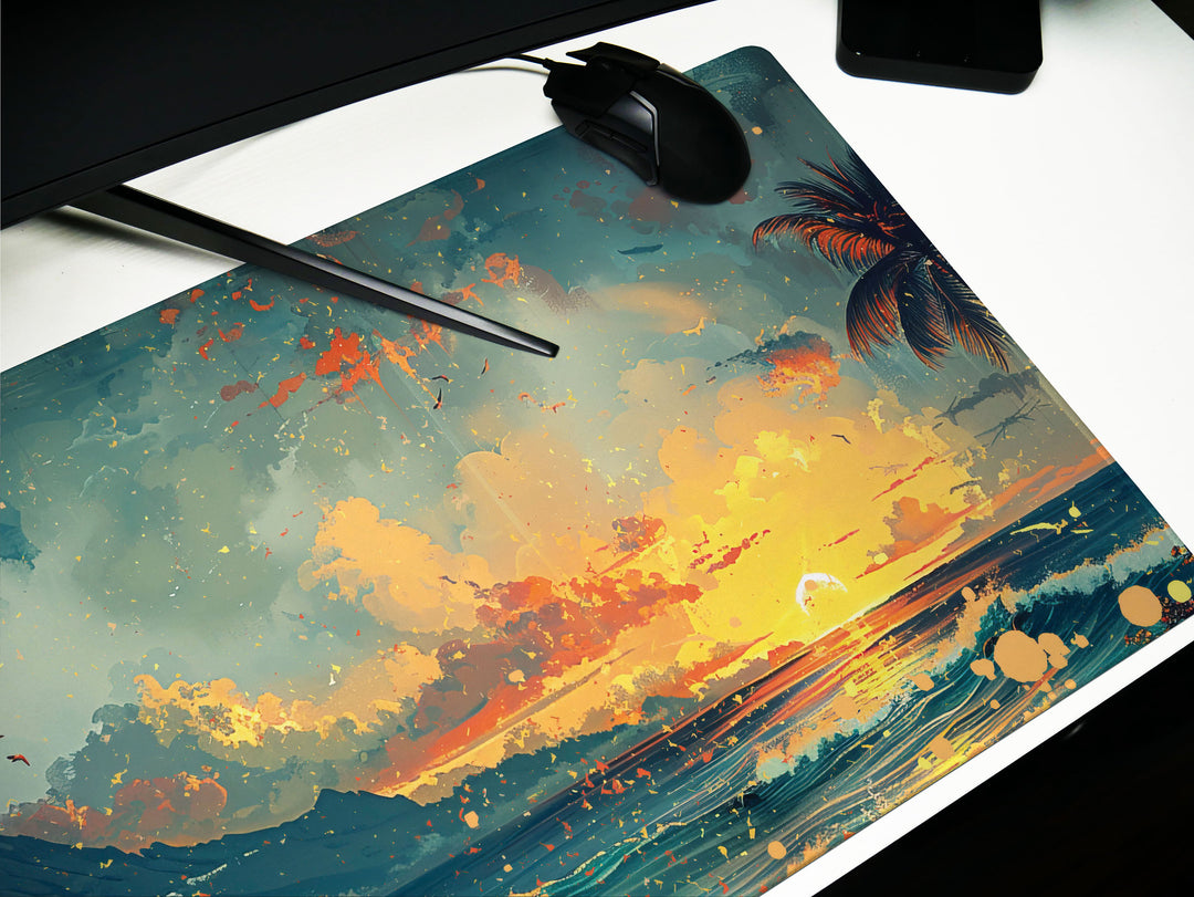 Lava Lagoon, Desk Pad, Mouse Pad, Desk Mat, Fiery Sundown, Tropical Silhouettes, Dynamic Seascape