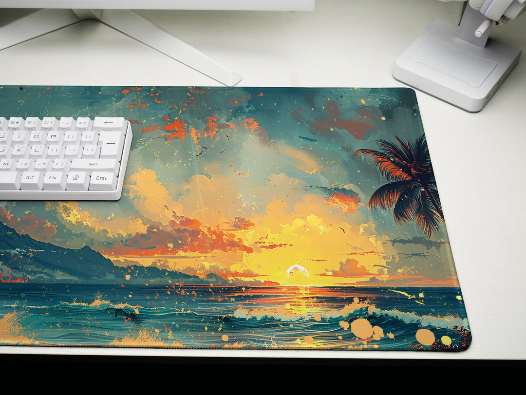 Lava Lagoon, Desk Pad, Mouse Pad, Desk Mat, Fiery Sundown, Tropical Silhouettes, Dynamic Seascape