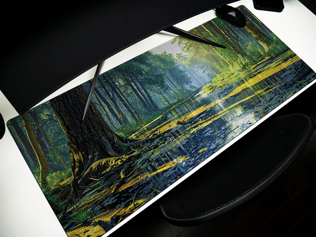 Verdant Reflection, Desk Pad, Mouse Pad, Desk Mat, Lush Forest Lake, Tranquil Wilderness, Mirror Water