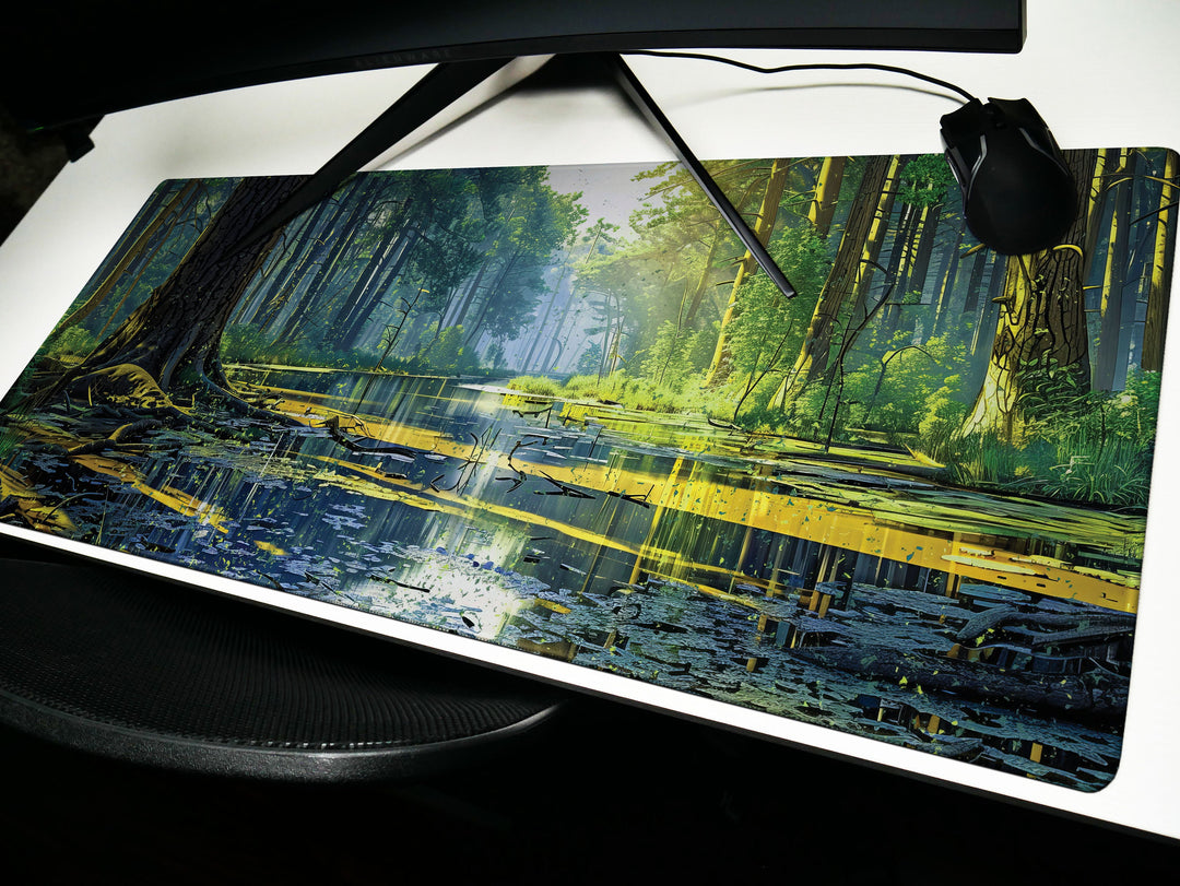 Verdant Reflection, Desk Pad, Mouse Pad, Desk Mat, Lush Forest Lake, Tranquil Wilderness, Mirror Water