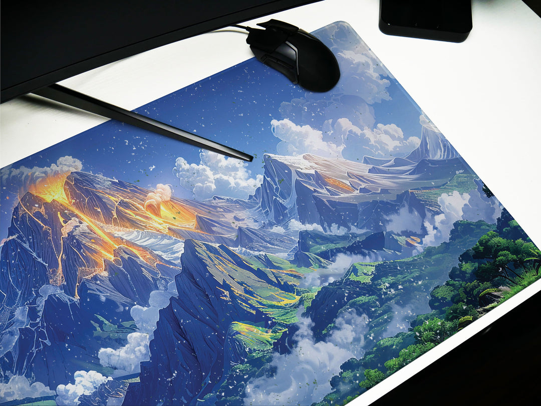 Majestic Peaks, Desk Pad, Mouse Pad, Desk Mat, Volcanic Eruption Art, Serene Landscape, Dynamic Clouds, Vibrant Greens