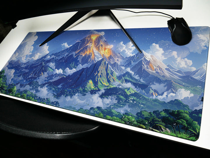 Majestic Peaks, Desk Pad, Mouse Pad, Desk Mat, Volcanic Eruption Art, Serene Landscape, Dynamic Clouds, Vibrant Greens