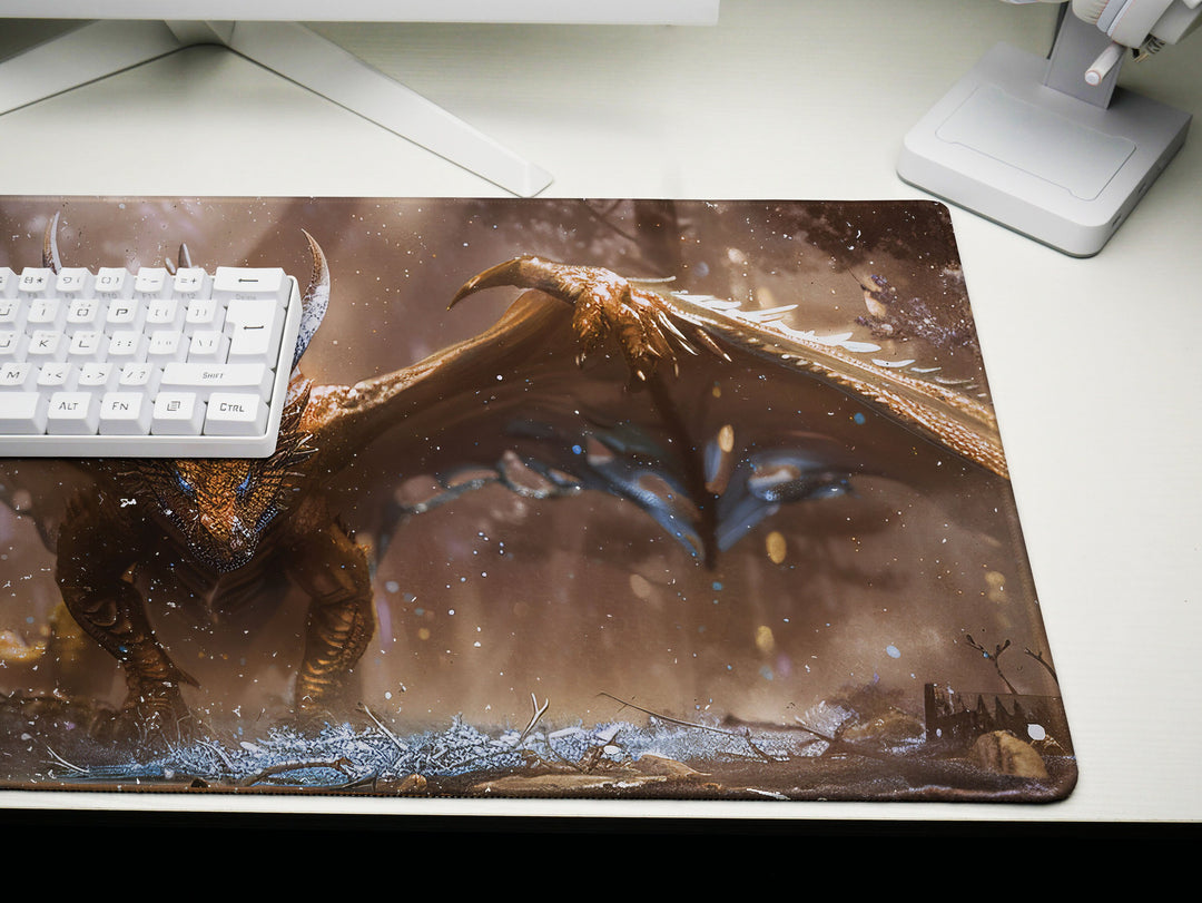 Majestic Mythos Design 1, Desk Pad, Mighty Dragon, Epic Fantasy Landscape, Enchanted Wilderness