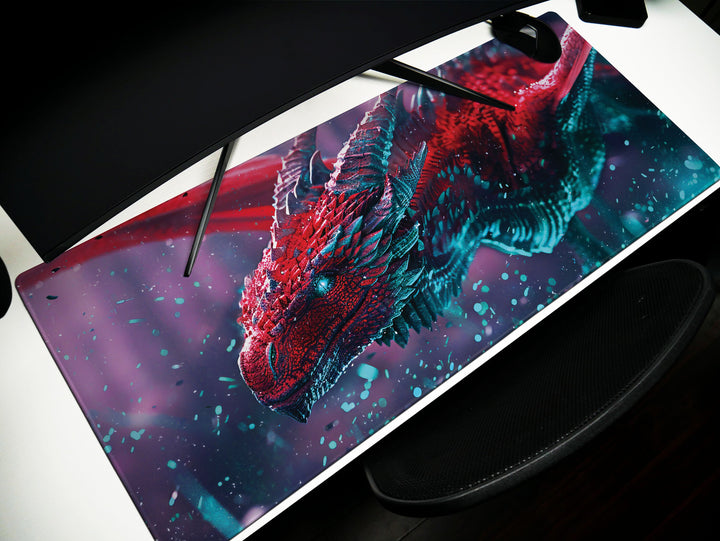 Majestic Mythos Design 2, Desk Pad, Crimson Drake, Celestial Magic, Dynamic Dragon Artwork