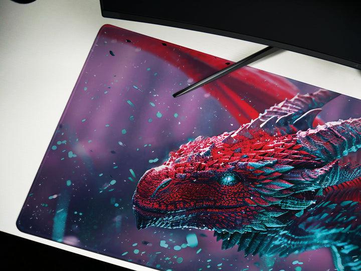 Majestic Mythos Design 2, Desk Pad, Crimson Drake, Celestial Magic, Dynamic Dragon Artwork