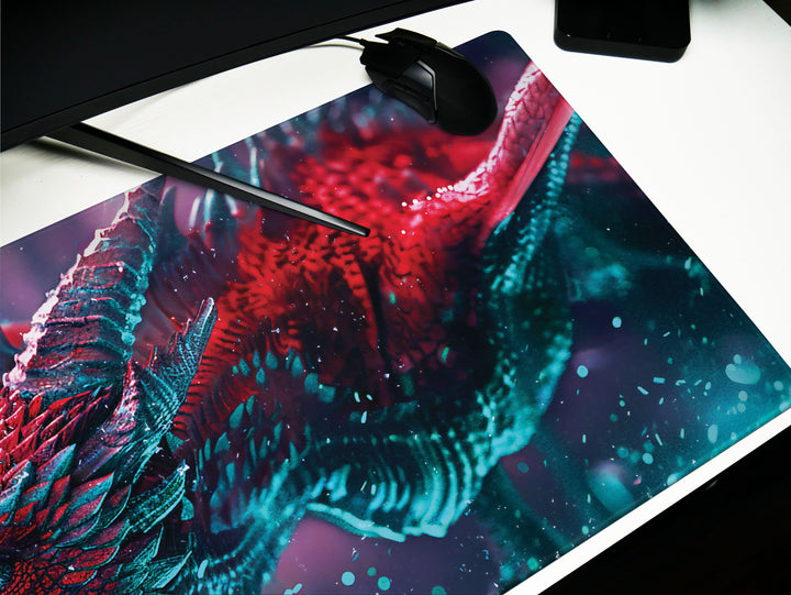 Majestic Mythos Design 2, Desk Pad, Crimson Drake, Celestial Magic, Dynamic Dragon Artwork