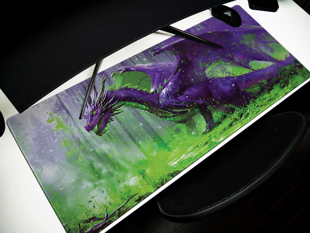 Majestic Mythos Design 5, Desk Pad, Violet Vanguard, Enchanted Forest Ambiance, Mystical Dragon Realm
