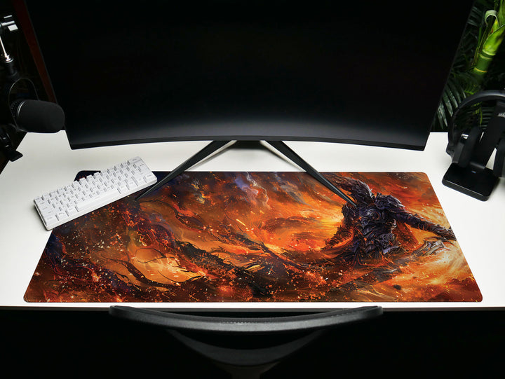 Dusk Slayer Design 2, Desk Pad, Epic Battle Scene, Fiery War Artwork, Intense Gaming Mat