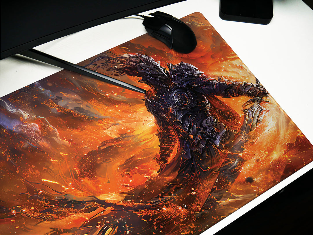 Dusk Slayer Design 2, Desk Pad, Epic Battle Scene, Fiery War Artwork, Intense Gaming Mat