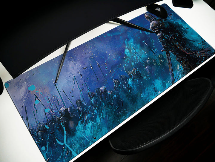 Dusk Slayer Design 3, Desk Pad, Knight's Stand, Majestic Blue Warfront, Artistic Mouse Mat