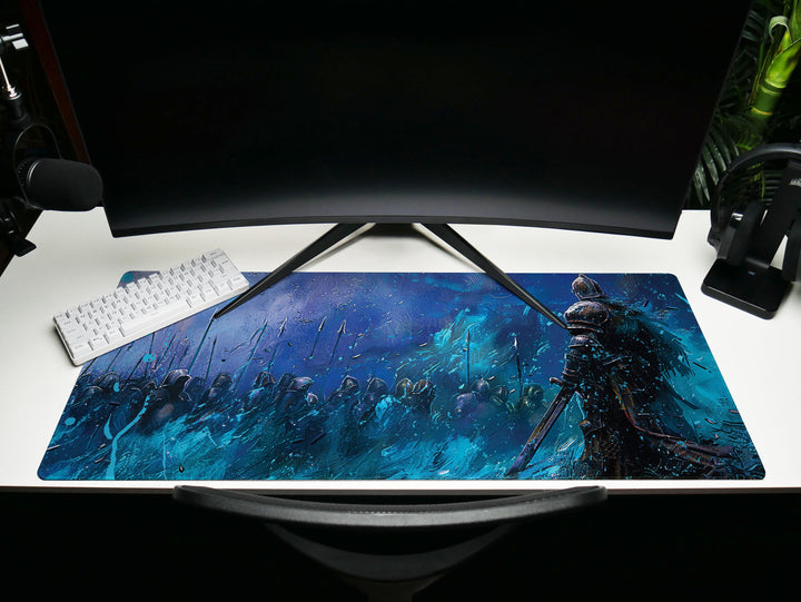 Dusk Slayer Design 3, Desk Pad, Knight's Stand, Majestic Blue Warfront, Artistic Mouse Mat