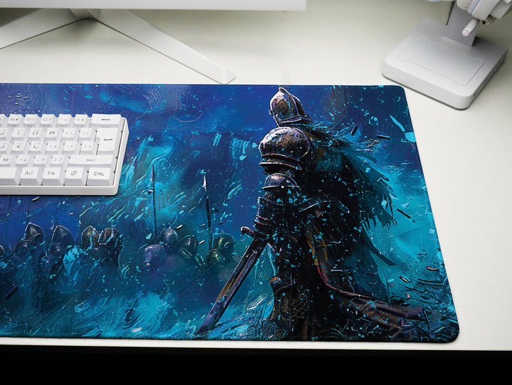 Dusk Slayer Design 3, Desk Pad, Knight's Stand, Majestic Blue Warfront, Artistic Mouse Mat