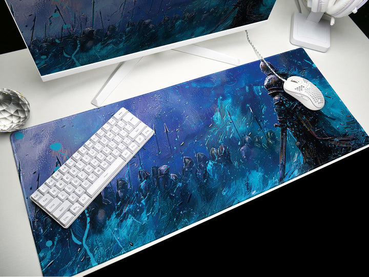 Dusk Slayer Design 3, Desk Pad, Knight's Stand, Majestic Blue Warfront, Artistic Mouse Mat