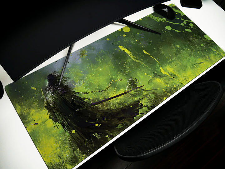 Dusk Slayer Design 4, Desk Pad, Enchanted Forest Battle, Vibrant Green Art Mat