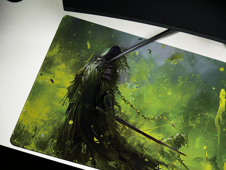 Dusk Slayer Design 4, Desk Pad, Enchanted Forest Battle, Vibrant Green Art Mat