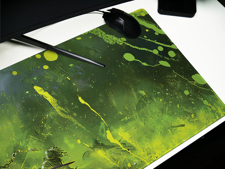 Dusk Slayer Design 4, Desk Pad, Enchanted Forest Battle, Vibrant Green Art Mat