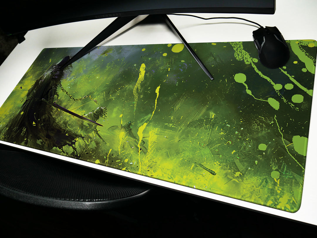 Dusk Slayer Design 4, Desk Pad, Enchanted Forest Battle, Vibrant Green Art Mat