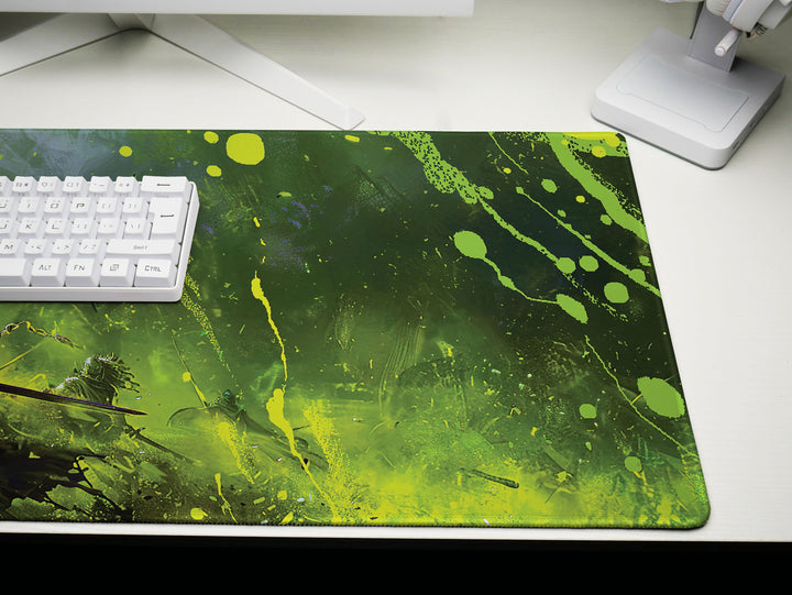 Dusk Slayer Design 4, Desk Pad, Enchanted Forest Battle, Vibrant Green Art Mat