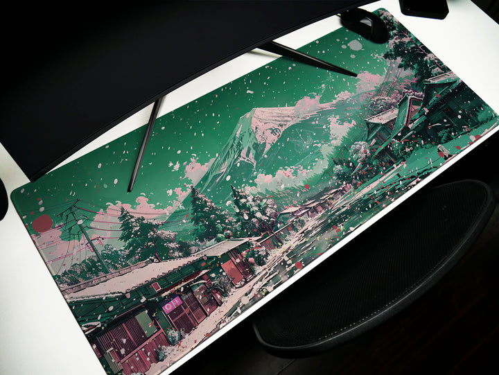 Serene Landscapes Design 1, Desk Pad, Mesmerizing Mount Fuji View, Cherry Blossom Dreamscape