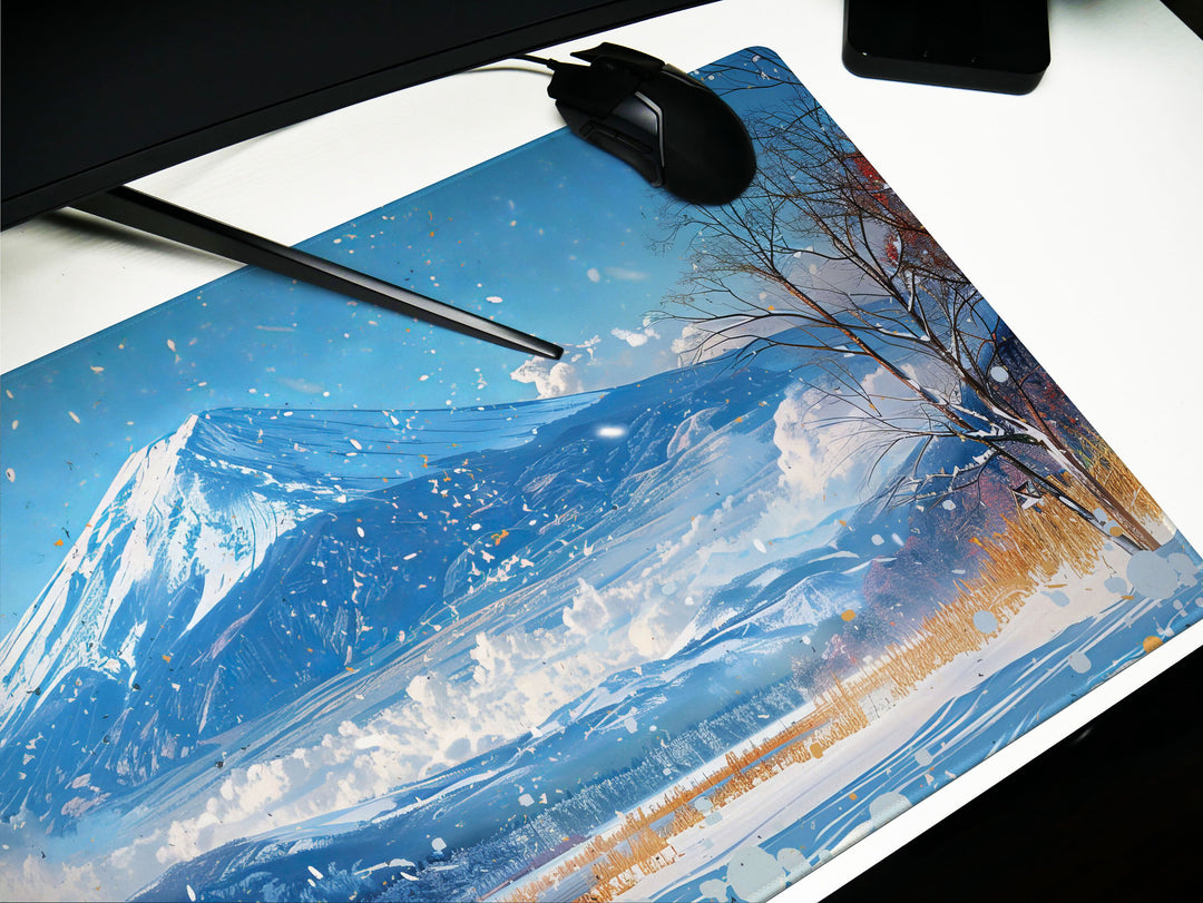 Serene Landscapes Design 3, Desk Pad, Mouse Pad, Desk Mat, Wintry Peak Panorama, Snow-Dusted Foliage