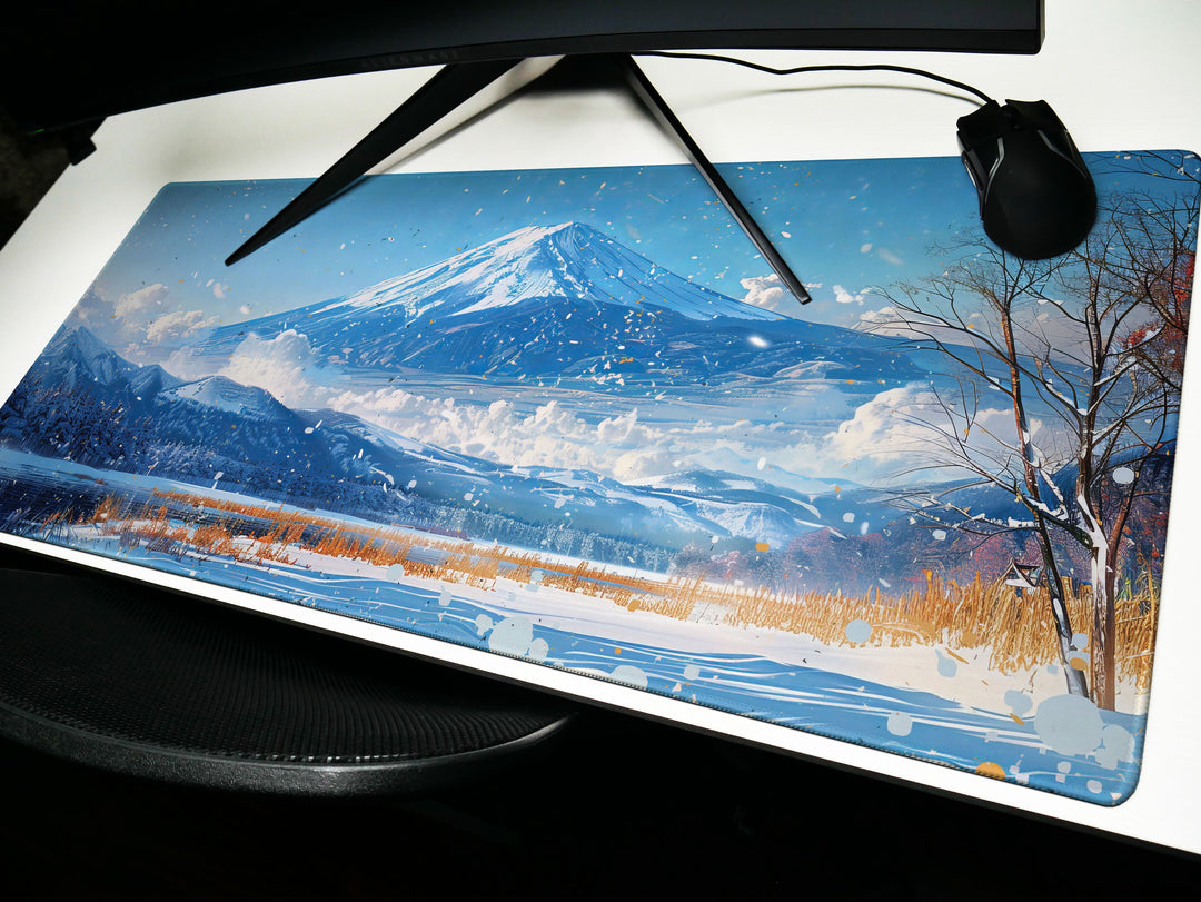 Serene Landscapes Design 3, Desk Pad, Mouse Pad, Desk Mat, Wintry Peak Panorama, Snow-Dusted Foliage