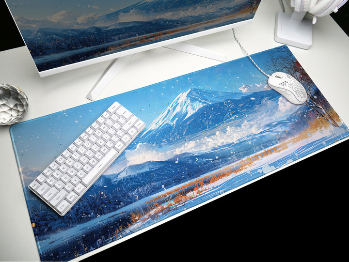 Serene Landscapes Design 3, Desk Pad, Mouse Pad, Desk Mat, Wintry Peak Panorama, Snow-Dusted Foliage