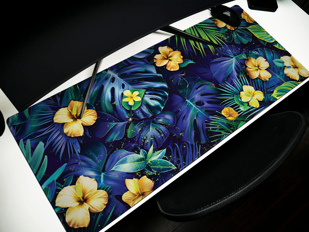 Tropical Escape Design 1, Desk Pad, Vivid Jungle Flora, Exotic Desk Mat, Blossoming Work Space