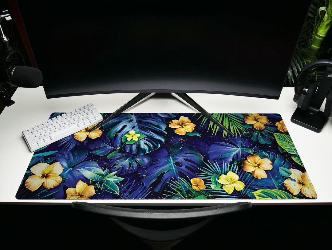 Tropical Escape Design 1, Desk Pad, Vivid Jungle Flora, Exotic Desk Mat, Blossoming Work Space