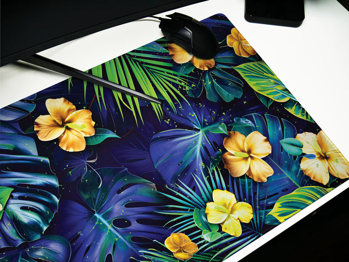 Tropical Escape Design 1, Desk Pad, Vivid Jungle Flora, Exotic Desk Mat, Blossoming Work Space